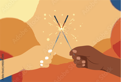 Vector illustration of two diverse hands holding crossed sparklers with festive burst, ideal for celebration visuals, unity graphics, inclusive holiday scenes, and symbolic togetherness decor.