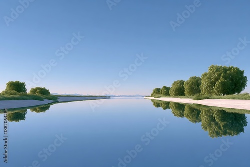 Serene Landscape with Calm Water and Lush Green Trees Near Shore