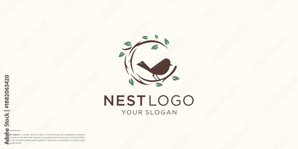 Obraz premium bird's nest logo inspiration with rounded circle roots and leaves concept design.