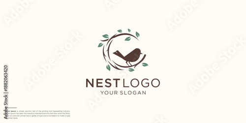 bird's nest logo inspiration with rounded circle roots and leaves concept design.