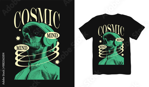 Cosmic Mind Retro futuristic streetwear t-shirt design, Edgy streetwear vector, typography design for print, Retrofuturism poster, Y2k apparel design, Urban quotes graphic t shirt