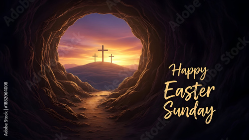 Easter sunday greeting with crosses at sunset
