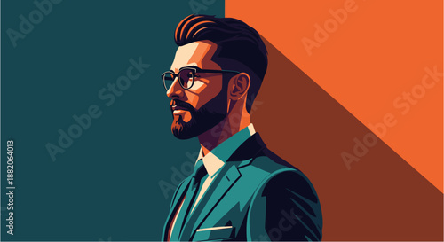 A stylish, modern man with a beard and glasses, looking thoughtfully to the side against a striking two-tone background, embodying contemporary business elegance.