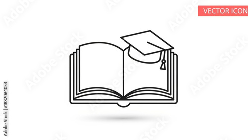 A minimalist vector icon of an open book with a graduation cap on top, symbolizing education and learning