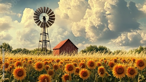 Wallpaper Mural A windmill standing tall on the farm, surrounded by blooming sunflowers and tall grasses. . Torontodigital.ca