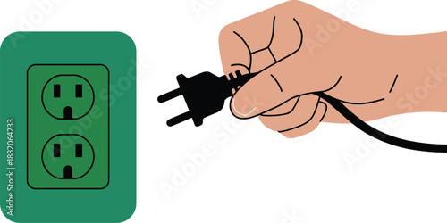 Hand holding electrical plug near wall socket power connection concept electricity safety energy usage flat vector illustration isolated