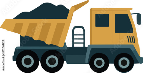 Yellow dump truck carrying construction material heavy duty industrial transport vehicle for building mining roadwork flat vector illustration