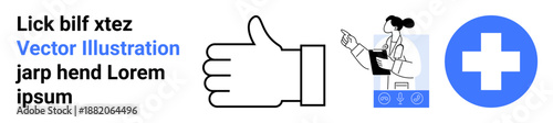 Approval, healthcare, medical consultation, positive feedback, digital communication, wellbeing. A thumbs up hand icon, a woman in a lab coat and a blue medical cross icon. Approval and healthcare