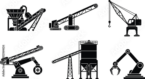 Industrial crane and conveyor machinery silhouette set with robotic arms and material handling equipment black vector illustration
