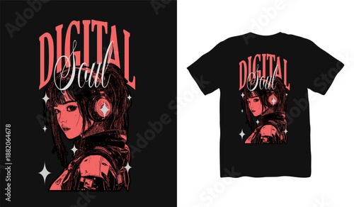 Digital Soul Retro futuristic streetwear t-shirt design, Edgy streetwear vector, typography design for print, Retrofuturism poster, Y2k apparel design, Urban quotes graphic t shirt