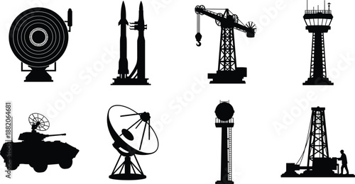Industrial technology silhouette icon set with radar rockets crane control tower satellite dish and oil drilling rig vector