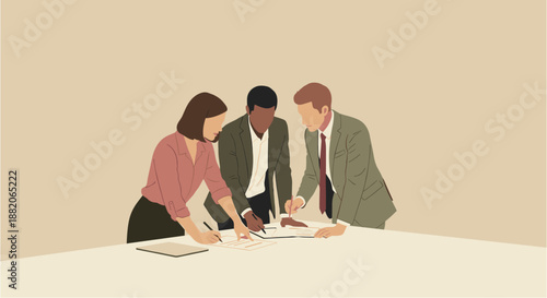 Diverse business professionals collaborate on a project, analyzing documents and strategizing solutions in a modern, minimalist illustration.