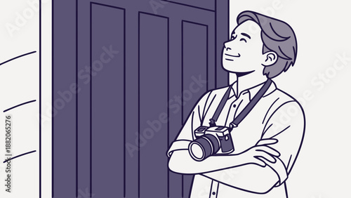 Professional photographer with camera hanging, arms crossed, slight smile, dark solid wood background.