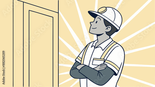 Specialized technician or electrician, clean uniform, arms crossed.