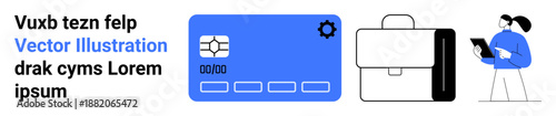 Digital payment, business management, financial tools, online shopping, professional services, user interaction. A blue credit card, a business briefcase and a person holding a tablet. Digital