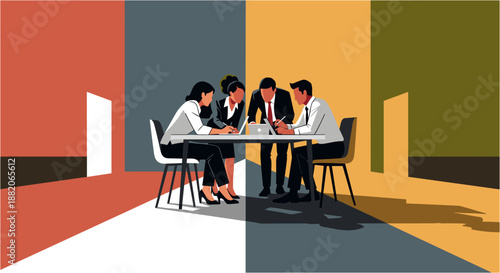 Four diverse business professionals collaborate around a table in a modern, color-blocked office space, discussing important documents and strategies.