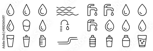 Collection of minimalist outline icons representing water: drops, waves, faucets, pipes, bottles, and glasses on a white background.