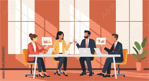 Diverse business professionals collaborate in a modern office, discussing analytical data and strategic planning during a productive team meeting.