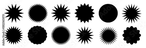 Collection of 14 black starburst and spiky circle shapes in flat design style, isolated on white background for graphic design elements.