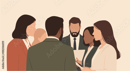 Diverse group of business professionals collaborating and discussing ideas in a modern office setting, fostering teamwork and innovation.