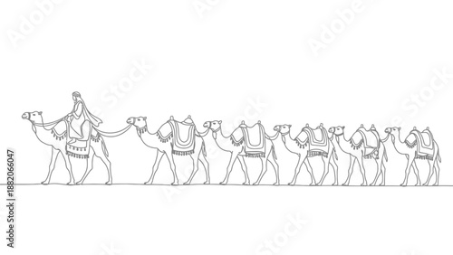 camels walking in line, desert caravan