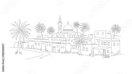 desert cityscape with mosque and palm trees
