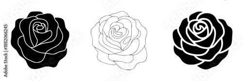 Three stylized rose graphics: one solid black silhouette, one line art outline, and one black filled design on white background
