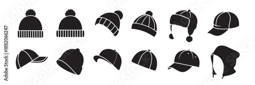 Set of fourteen black silhouette vector icons representing various winter and summer hats headwear collection including beanies pom pom caps ear flaps baseball caps and bucket hat isolated