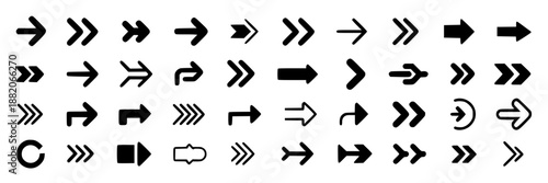 Diverse collection of black vector arrow icons in various styles: filled, outlined, double-headed, and curved for navigation and direction on white background.