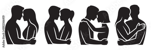 Set of upper body silhouettes showing couples in loving embrace and close contact isolated on transparent background ideal for emotional storytelling romance greeting cards and intimate artwork