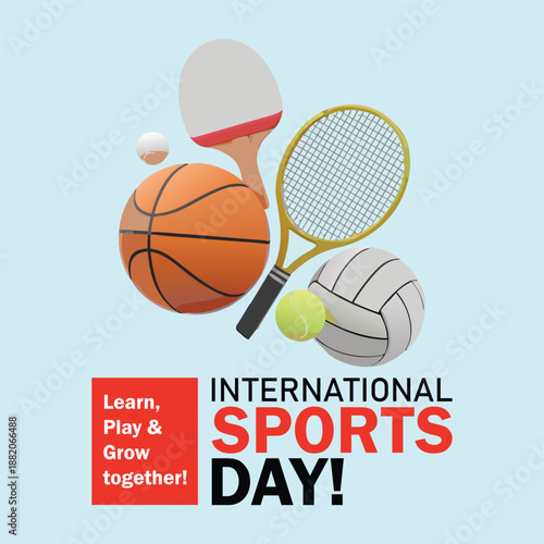 International Sports Day. 6th April International Day of Sports for development and peace celebration cover banner with different sports equipment and athlete gear tennis ball, rackets, basketball.