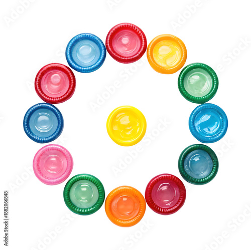 Colorful latex condoms arranged in circle frame shape on transparent background