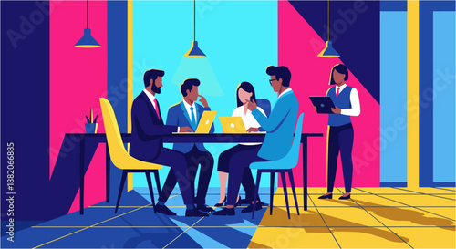 Diverse business professionals collaborate in a vibrant, modern office setting, discussing strategies and reviewing documents with laptops and tablets.