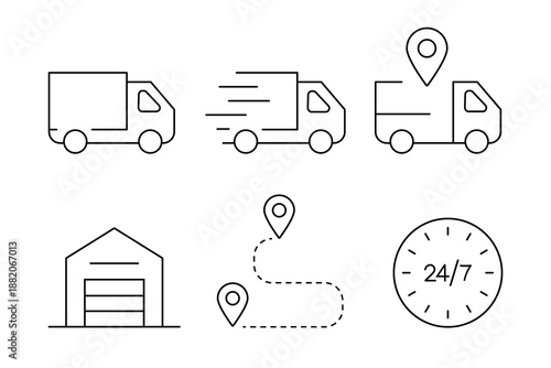 Logistics and Delivery Line Icon Set with Truck, Warehouse, Location and Shipping Route