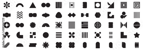 Abstract retro shapes, basic brutal forms and figures in Y2K aesthetics, vintage stickers, logos, labels. Decorative design elements, vector illustration.