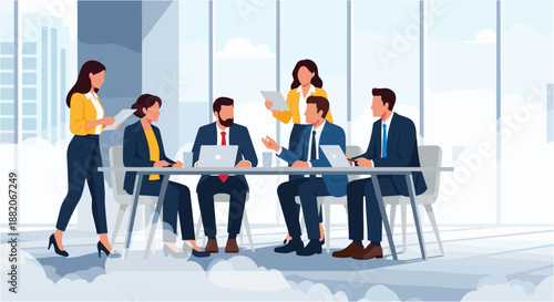 A diverse group of professionals collaborates in a modern, bright office setting, engaging in a productive business meeting around a conference table.