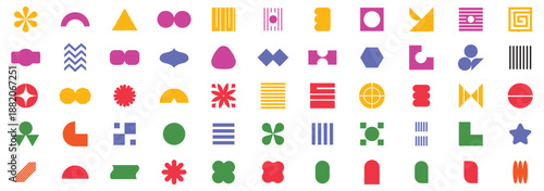 Brutalist abstract geometric shapes and grids. Brutal contemporary figure star oval spiral flower and other primitive elements. Swiss design aesthetic. Bauhaus memphis design.