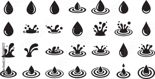 Vector Set of Water Drops and Splashes: Collection of Black Liquid Shapes, Raindrops, Ripples, and Splash Icons