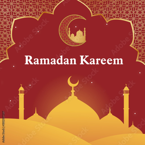 Mosque Ramadan Kareem Poster, Sunset Islamic Greeting, Holy Month Banner, Muslim Festival Artwork, Spiritual Event Template, Religious Background