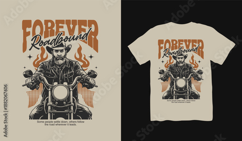 Forever Roadbound Motorcycle t-shirt design. retro vintage t shirt design. t-shirt design vector for print. Motorcycle old style badge. monochrome logo design vector illustration. quotes for t shirt