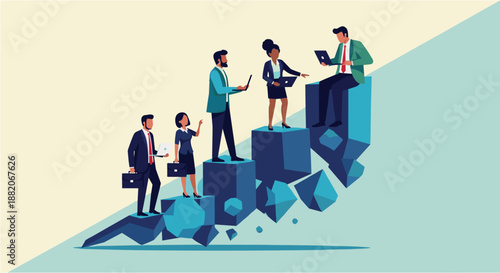 Dynamic illustration depicting a diverse team of business professionals collaboratively ascending a metaphorical staircase of growth and achievement.