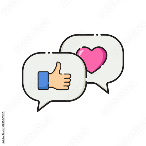 vector illustration of Friendly Social Chat With Like Button And Heart Emoji In Conversation Bubbles.