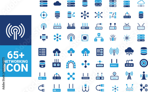 A collection of networking icons representing servers clouds routers and various network components