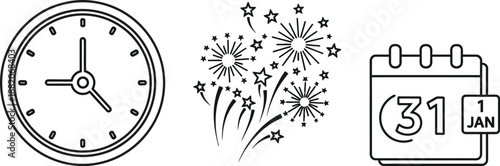 Black and white line art icons illustrating the countdown to midnight on new year's eve celebrating the arrival of january first with fireworks