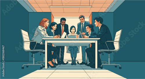 Diverse group of professionals collaborating around a conference table in a modern office setting, engaging in a productive business meeting.