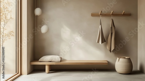 Wallpaper Mural A minimalist entryway with soft lighting, a wooden coat rack, and a neutral color palette. . Torontodigital.ca