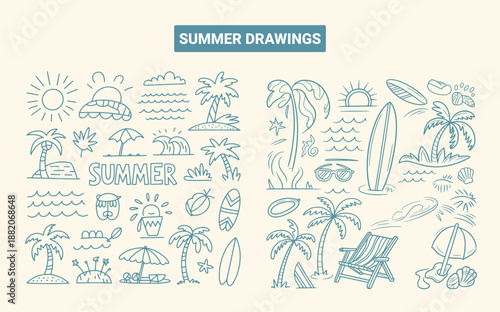 A collection of summer drawings depicting beach scenes palm trees surfboards and various vacation elements