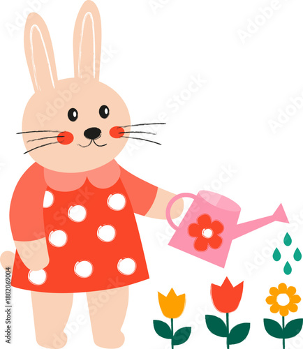A bunny dressed in a red polka dot dress waters flowers in a garden. The scene shows springtime with vibrant colors and cheerful flowers. Hand drawn line art in a naive folk art style.