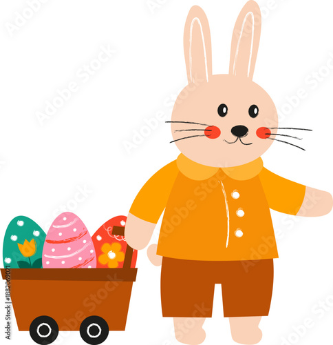 Bunny pulls a small cart filled with eggs in various colors. It is spring and Easter time. Hand drawn in a naive folk art style.