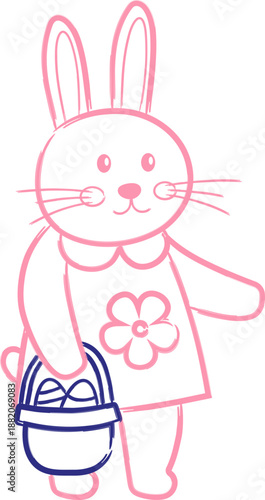 A bunny in a dress holds a basket filled with eggs. It walks happily in a park, celebrating Easter. Hand drawn line art in a naive folk art style.